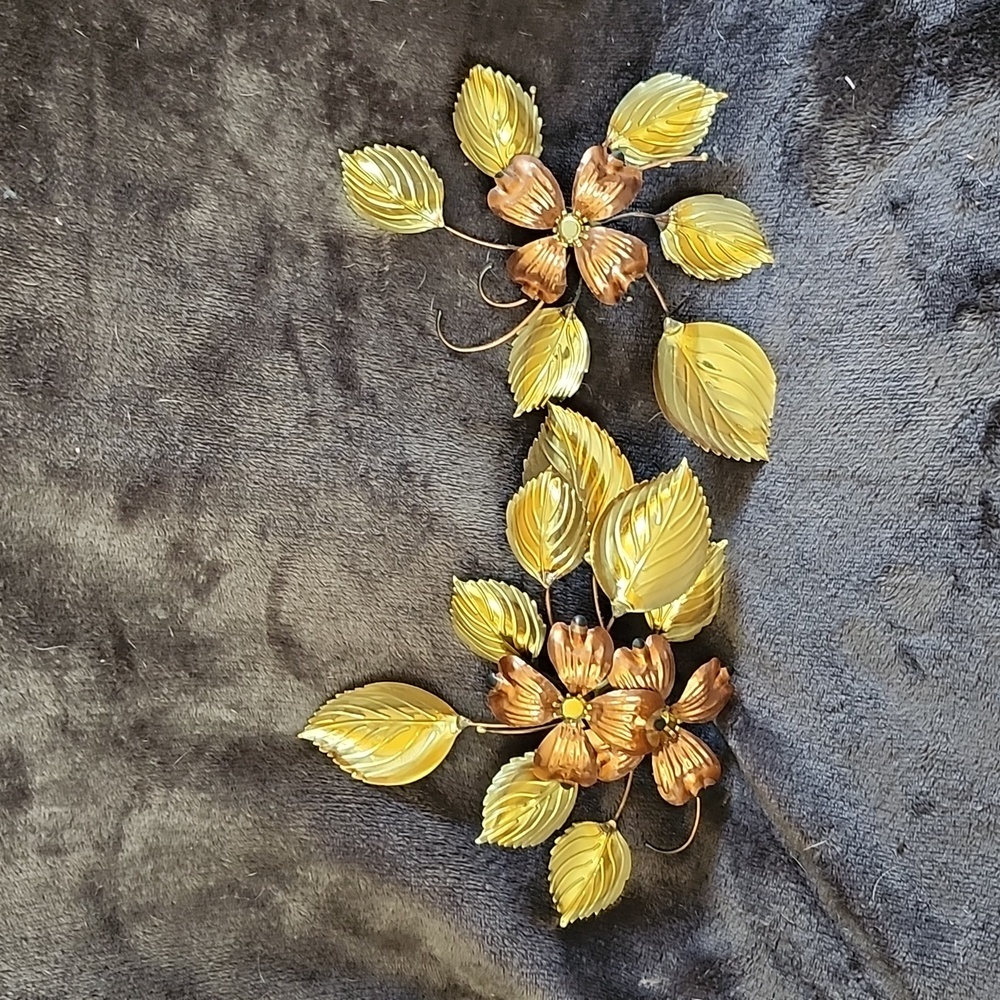Midcentury Brass & Copper Flowers with Leaves Wall Art Decor Set of 2